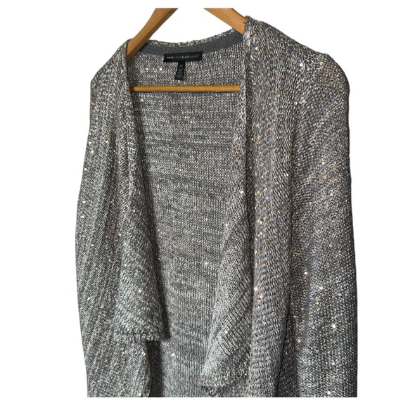 White House Black Market Shimmer Open Front Long Sweater Gray With Sequins - Picture 2 of 6